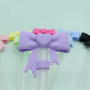 Cute heart bow silicone straw cover for 10mm tumbler straws reusable dustproof topper