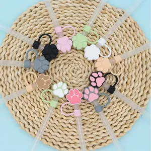 Silicone straw covers with cute cat paw design, dust-proof caps for 10mm tumblers.
