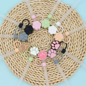 Silicone cat paw straw covers set, dust-proof caps for 10mm tumblers and reusable straws.