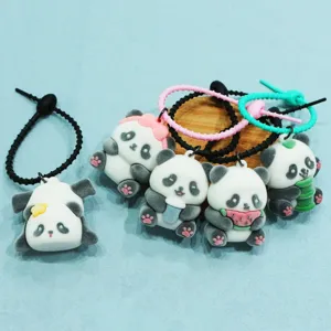 Flocked panda doll keychain and cute bag pendant set with colorful elastic cords.