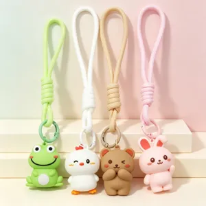 Cute 3D cartoon animal keychain set, adorable bear, rabbit, and frog bag pendants for kids.