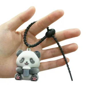 Flocked panda keychain cute bag charm soft rubber cartoon animal key ring accessory