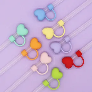 Colorful heart silicone straw covers dust proof caps for wide reusable drinking straws