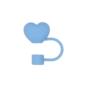 Cute light blue silicone heart straw cover 10mm large caliber reusable straw topper plug.