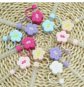 Silicone straw cover 10mm cute flower dust plug reusable drinking straw cap accessories