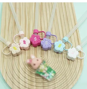 Silicone straw covers cute flower dust plug 10mm straw accessories for tumbler cups