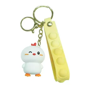 Cute cartoon chicken keychain with pop-it silicone strap and metal ring for bags and keys.