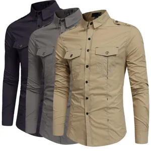 Mens long sleeve cargo shirt casual cotton multi pocket tactical button down top
