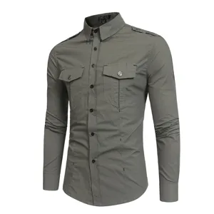 Men's casual long sleeve military cargo shirt with double pockets and shoulder epaulets.