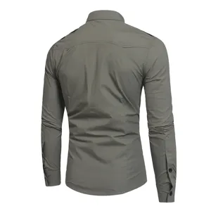 Men casual military tactical long sleeve shirt solid color cotton workwear top for men
