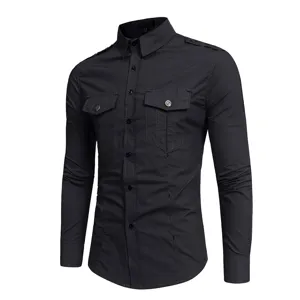 Men's long sleeve utility shirt casual cotton button down shirt with dual pockets.