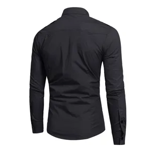 Back view of men long sleeve casual solid black work shirt showcasing tailored fit and shoulder panel.