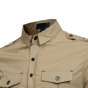 Men khaki utility long sleeve shirt collar and chest pocket detail close up display