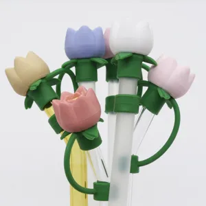 Close-up detail of colorful silicone flower straw covers featuring dust-proof design for 10mm.