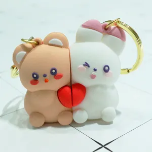 Cute couple magnetic keychain set, soft PVC cartoon bear and rabbit split heart pendant gift.