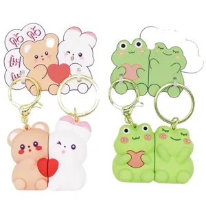 Cute cartoon couple keychains, soft PVC magnetic bear rabbit frog key rings cute gift.