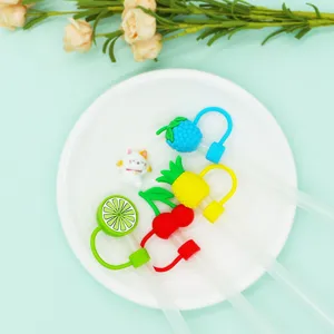 Reusable 10mm silicone straw covers cute fruit dust caps for daily drinking cups and parties.