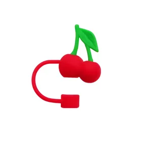 Cute red cherry silicone straw cover 10mm dust-proof reusable straw topper for cups.