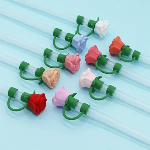 Silicone rose straw cover dust-proof topper set for 10mm reusable drinking straws cute floral accessories