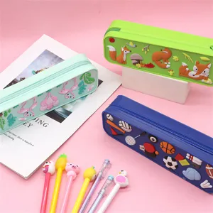 Cute silicone pencil case for students, waterproof multi-color cartoon stationery pouch bag.