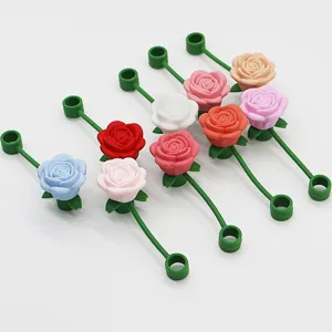 Cute 3D silicone rose straw topper dustproof cover 10mm colorful flower straw accessories main