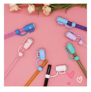 Silicone straw topper detail showing cute mini cup shape and flower design for 10mm straws.