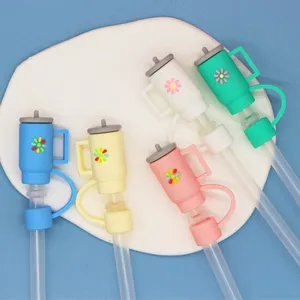 10mm silicone straw cover cup shaped dust plug colorful flower straw topper set for tumbler