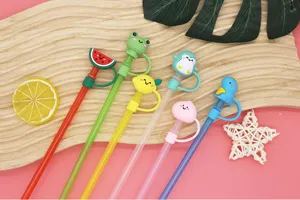 Cute cartoon straw covers details showing 8mm dustproof silicone straw plugs set for drinks.