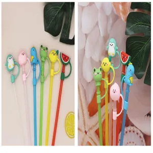 Cute silicone cartoon straw covers with cute animal and fruit designs for 8mm drinking straws.