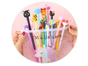 Detail shot of a frosted pen pouch featuring a cute unicorn graphic and colorful cartoon pens.