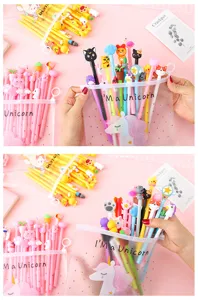 Detailed close-up of cute cartoon gel pens set featuring translucent unicorn pouches.