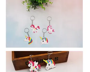 Cute cartoon unicorn PVC keychain detail showing colorful soft rubber design and metal ring.