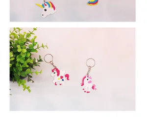 Cute cartoon unicorn PVC soft rubber keychain detail view, perfect bag charm and keyring accessory.