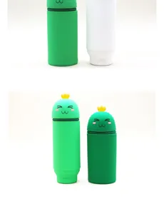 Silicone cactus pencil case detail showing telescopic design and cute cartoon facial expression.