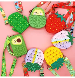 Silicone pop sensory toy bags detail view showing various cute fruit shapes and straps.