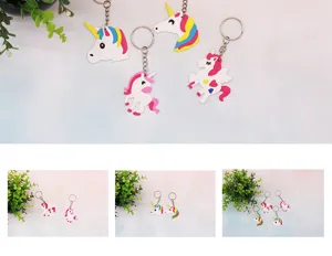 Cute cartoon unicorn PVC soft rubber keychain pendant with metal keyring and chain for bags.