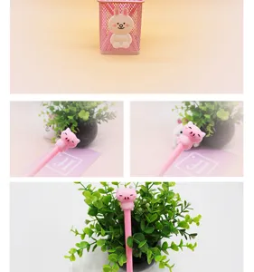 Cute cartoon gel pen with 3D pink pig design and matching rabbit pen holder for students stationery.