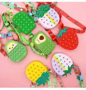 Silicone fruit pop it sensory toy crossbody bag and coin purse, cute design for kids.