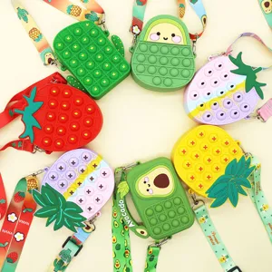 Kids Silicone Pop It Crossbody Bag Cute Fruit Strawberry Avocado Pineapple Fidget Toy Coin Purse Storage Bag