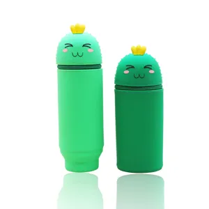 Cute cactus silicone pencil case, large capacity telescopic stationery storage pouch for students.