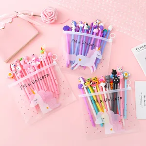 Cute pink cartoon gel pen set with transparent pencil pouch student stationery supplies.