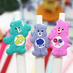 Cute cartoon bear gel pen set with 3D silicone topper, matte white barrel, black ink smooth.