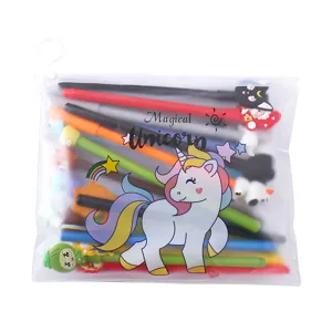 Cute cartoon unicorn pencil pouch set with colorful neutral pens for students and daily use.