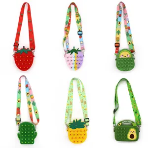 Silicone push pop bubble sensory toy cross body bag fruit style coin purse for kids and children