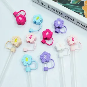 Colorful silicone straw covers, cute flower dust plugs for 10mm drinking straws, pastel accessories.