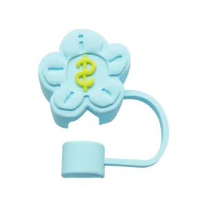 Cute blue silicone straw cover for 10mm cups, cartoon flower dust plug with loop.