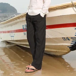 Herren freizeit langhose leinen stil bequeme lose passung hosen fuer alltag detailansicht
