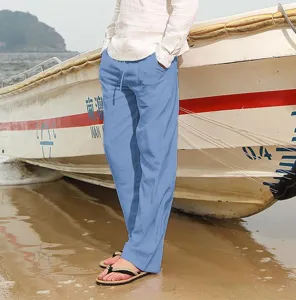 Herren Freizeit helleblaue Leinenhose, atmungsaktive gerade Sommer Strandhose für Herren.