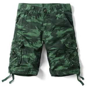 Men's casual green camouflage cargo shorts with multi pockets and loose knee length design.