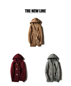Men's Long Hooded Cardigan Sweater Knitwear Thermal Casual Outerwear with Toggle Buttons